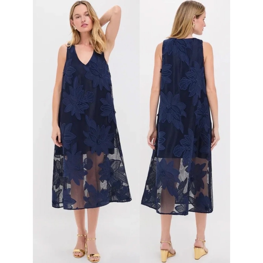 Tuckernuck Sol Navy Floral Lace Mesh Overlay Sleeveless Shift Quiet Luxury Dress